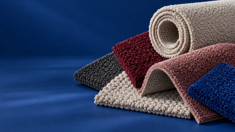 Original textile artwork of layered carpet swatches and rolled flooring in contrasting colours