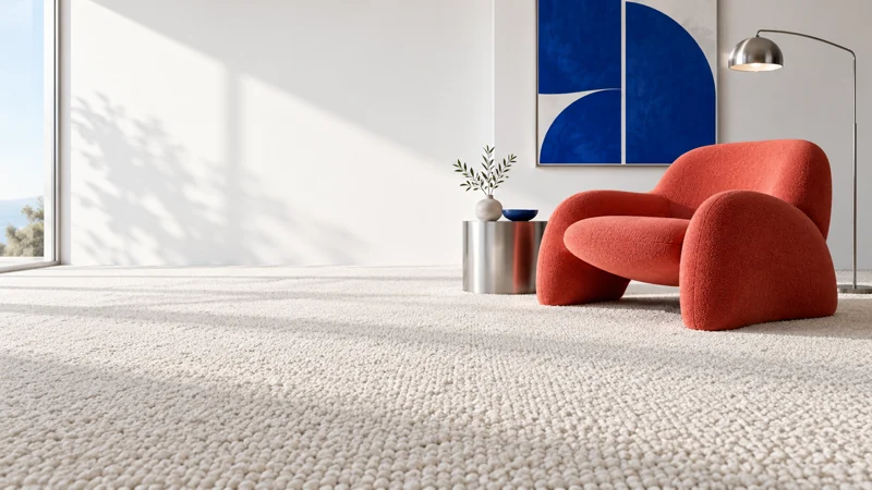 Original interior illustration with a textured pale carpet, a red chair and contemporary furniture